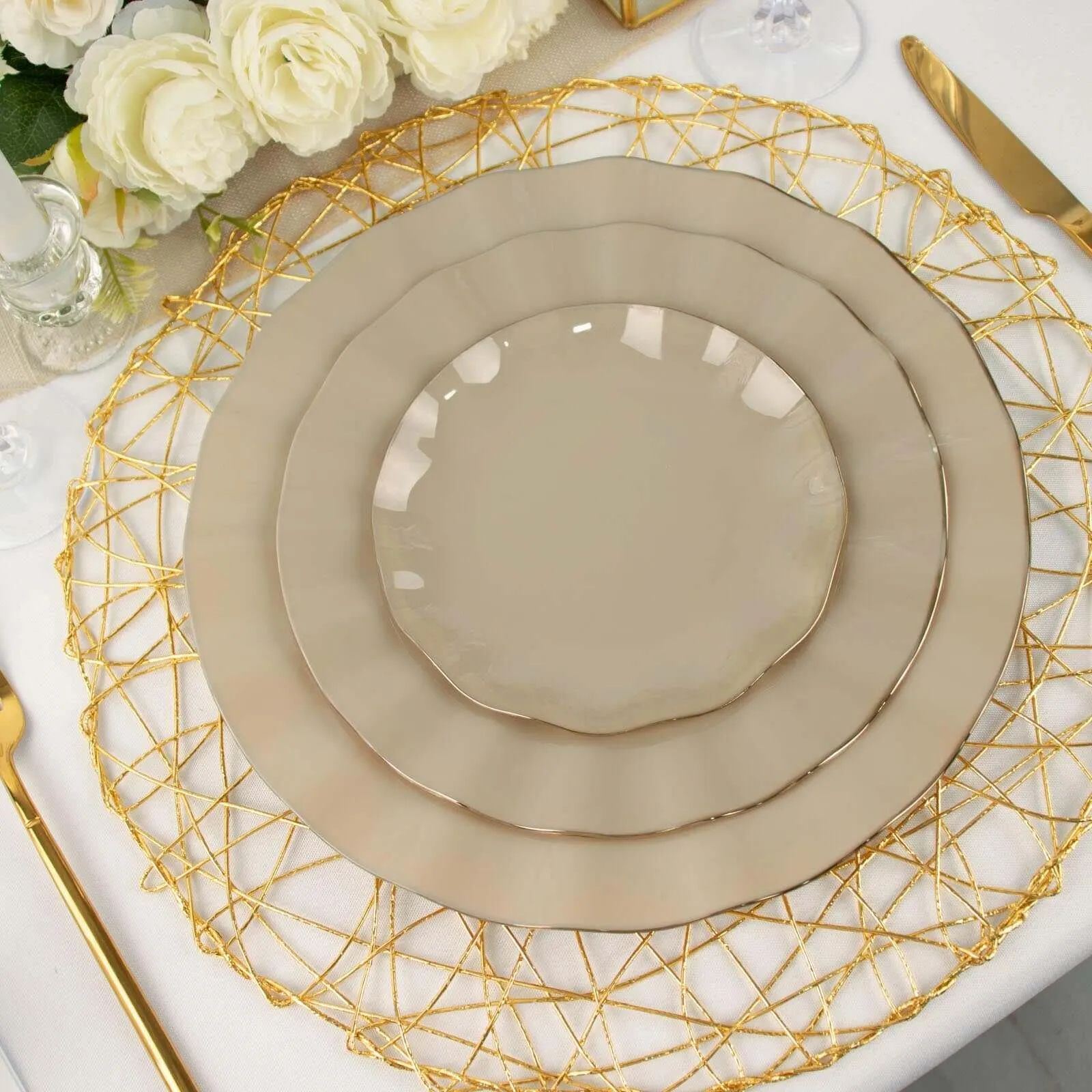 10 Pack 6" Taupe Heavy Duty Disposable Salad Plates with Gold Ruffled Rim, Heavy Duty Disposable Appetizer Dessert Dinnerware