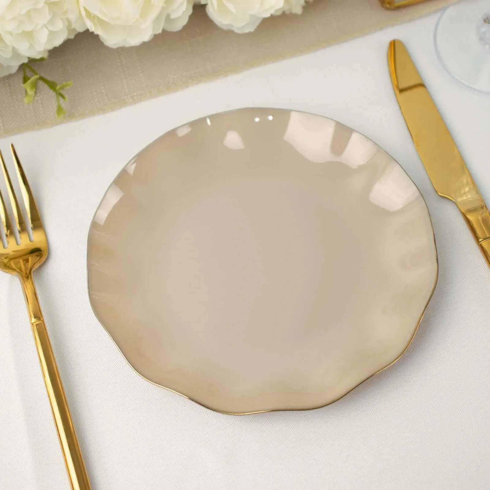 10 Pack 6" Taupe Heavy Duty Disposable Salad Plates with Gold Ruffled Rim, Heavy Duty Disposable Appetizer Dessert Dinnerware