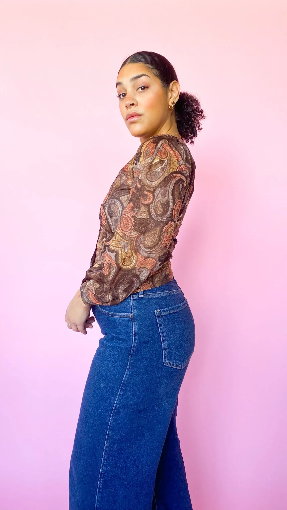 1970s Brown Paisley Print Blouse Top, sz. M