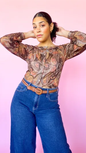 1970s Brown Paisley Print Blouse Top, sz. M