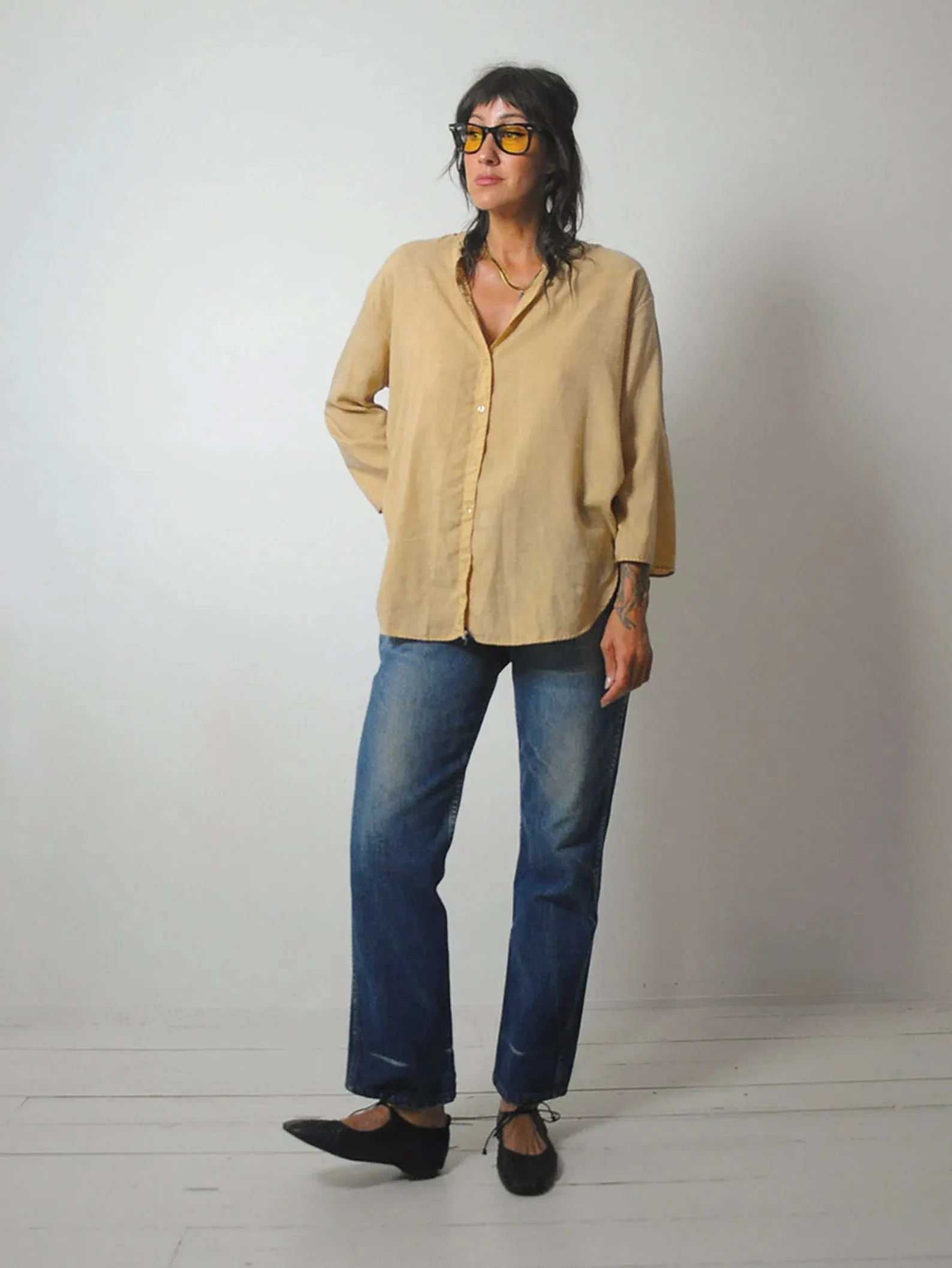 1970's Wheat Cotton Tunic Blouse