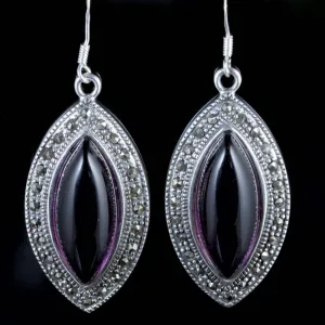 Amethyst Marcasite Long Earrings Sterling Silver