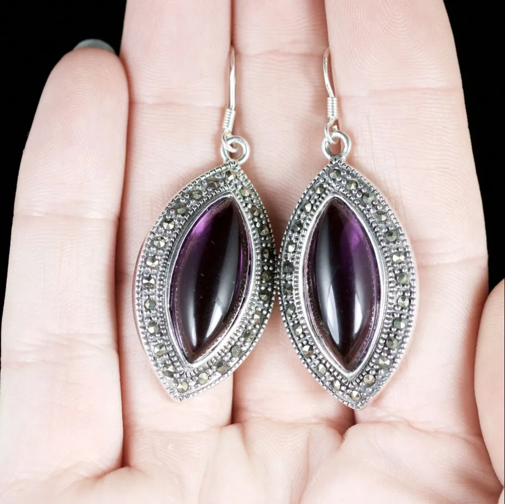 Amethyst Marcasite Long Earrings Sterling Silver