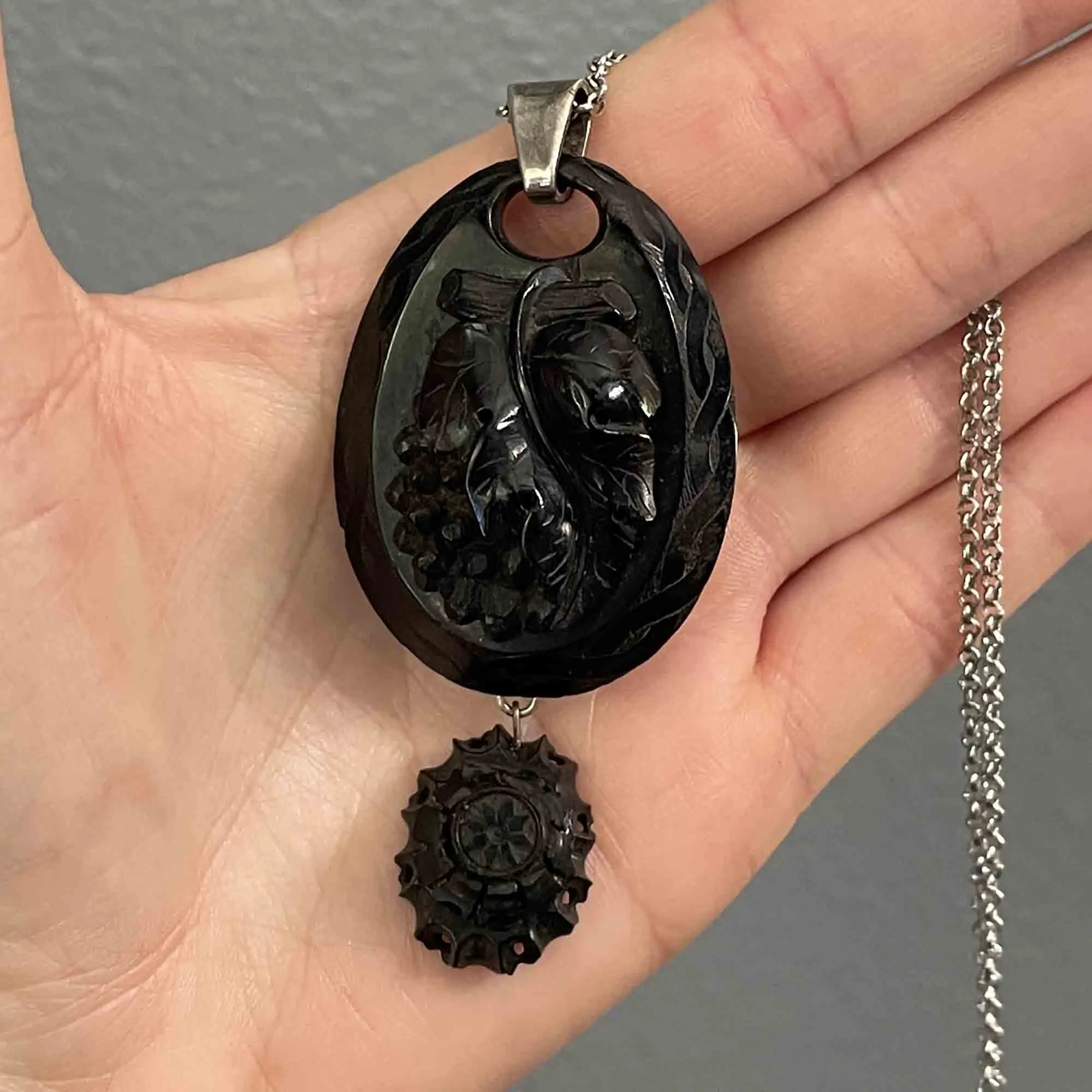 Antique Victorian Carved Whitby Jet Grape Pendant Necklace