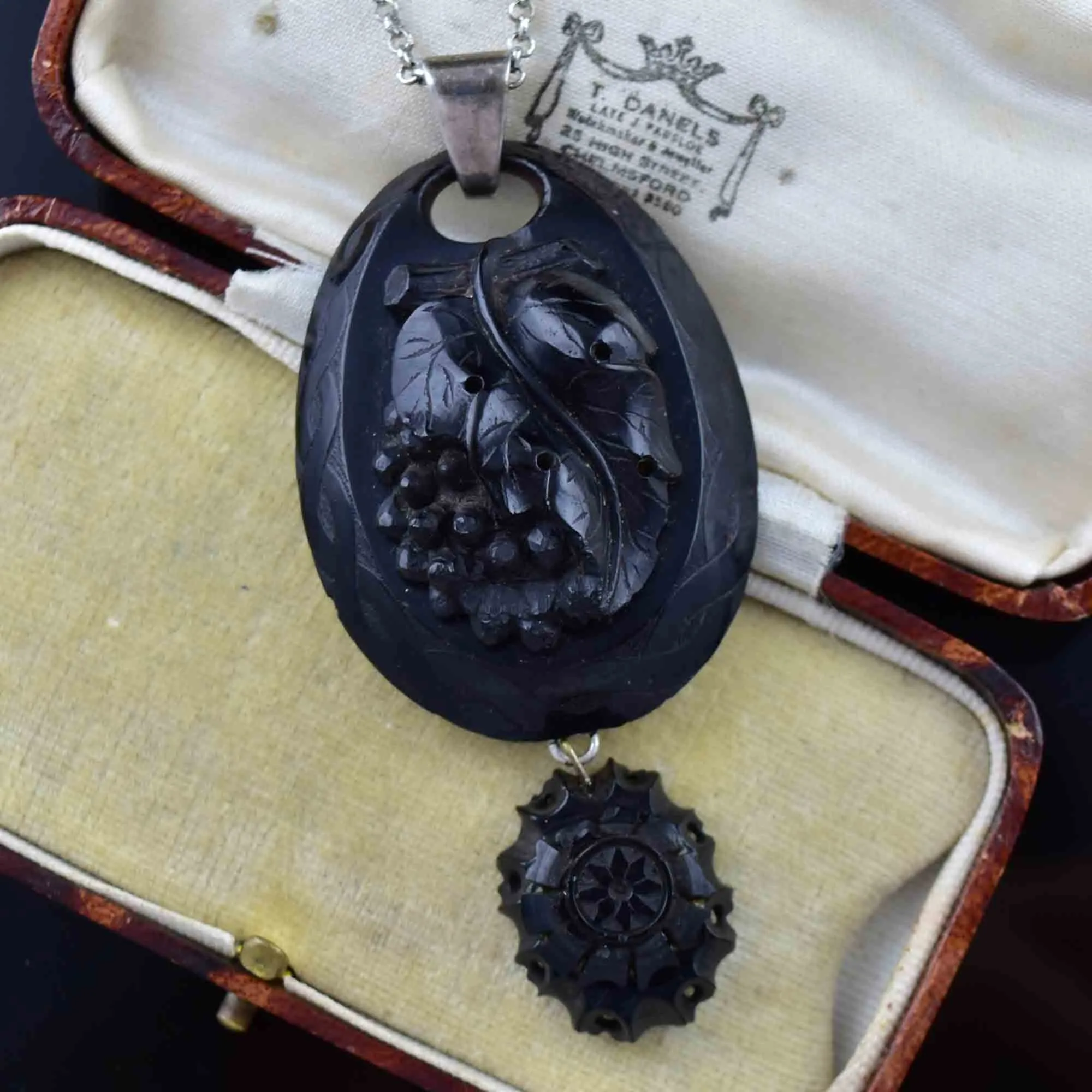 Antique Victorian Carved Whitby Jet Grape Pendant Necklace