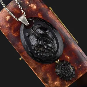 Antique Victorian Carved Whitby Jet Grape Pendant Necklace