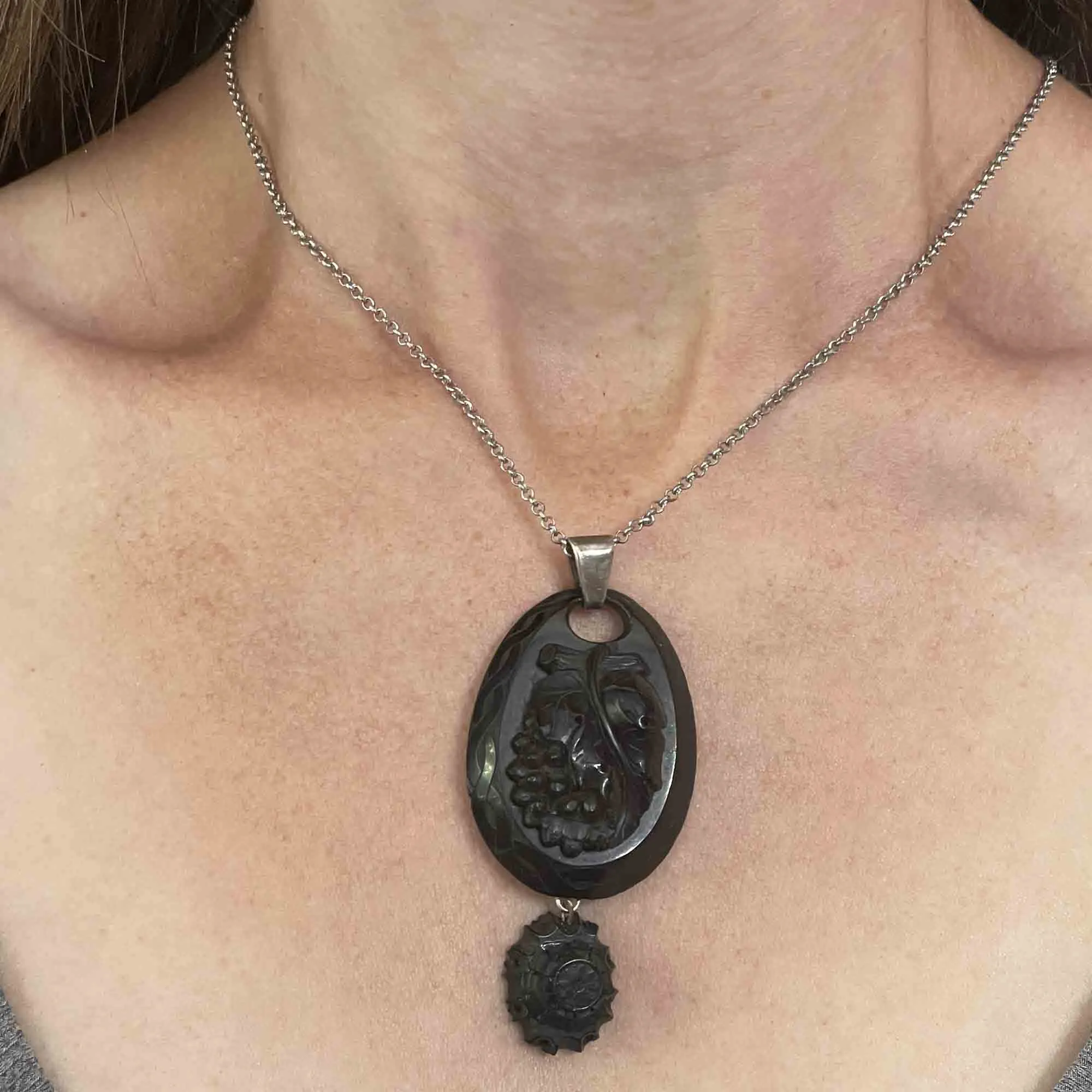 Antique Victorian Carved Whitby Jet Grape Pendant Necklace