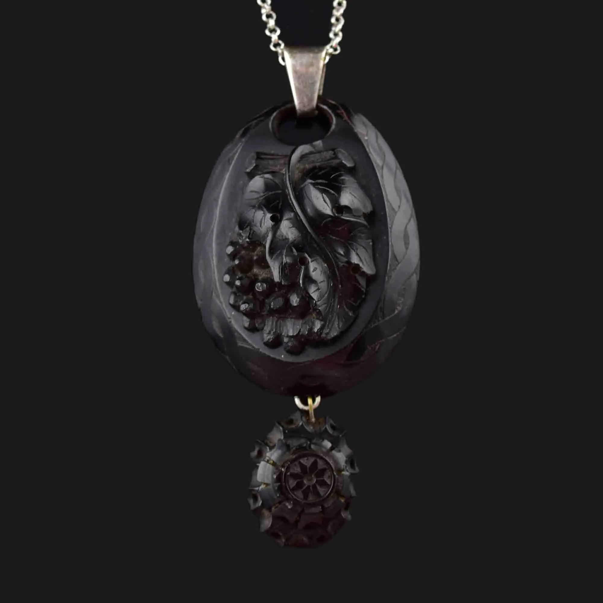 Antique Victorian Carved Whitby Jet Grape Pendant Necklace