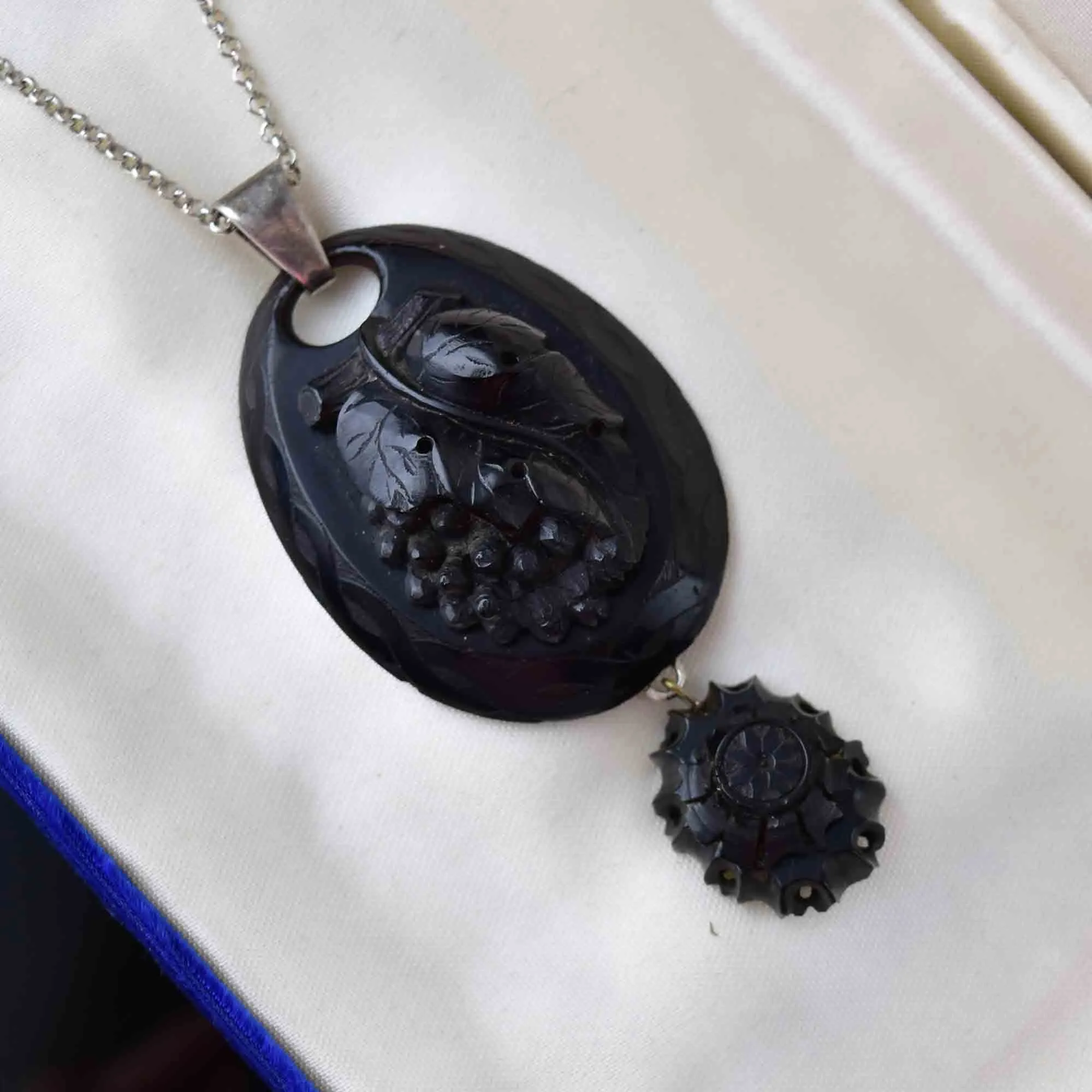 Antique Victorian Carved Whitby Jet Grape Pendant Necklace