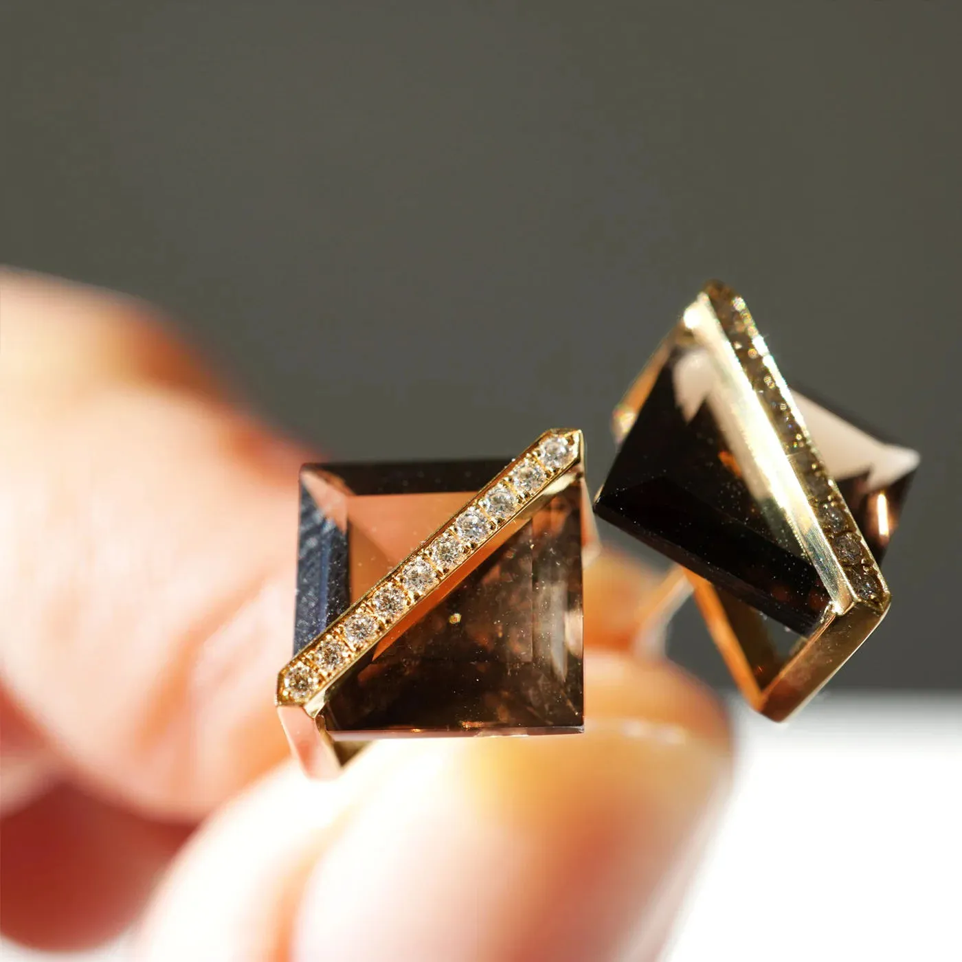 Band 18K & 10K Gold Earrings w. Smoky Quartz & Diamonds