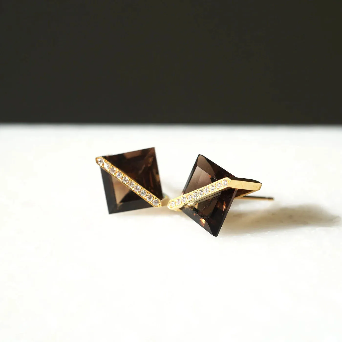 Band 18K & 10K Gold Earrings w. Smoky Quartz & Diamonds