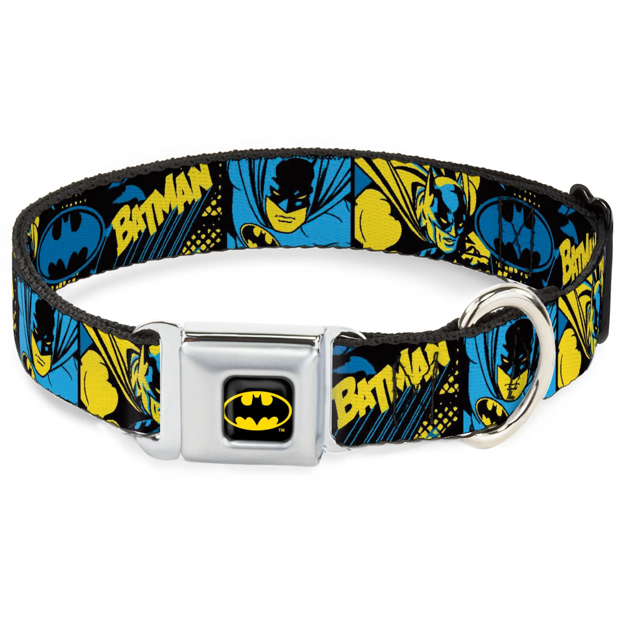 Batman Black/Yellow Seatbelt Buckle Collar - BATMAN Poses and Logo Collage Black/Blue/Yellow