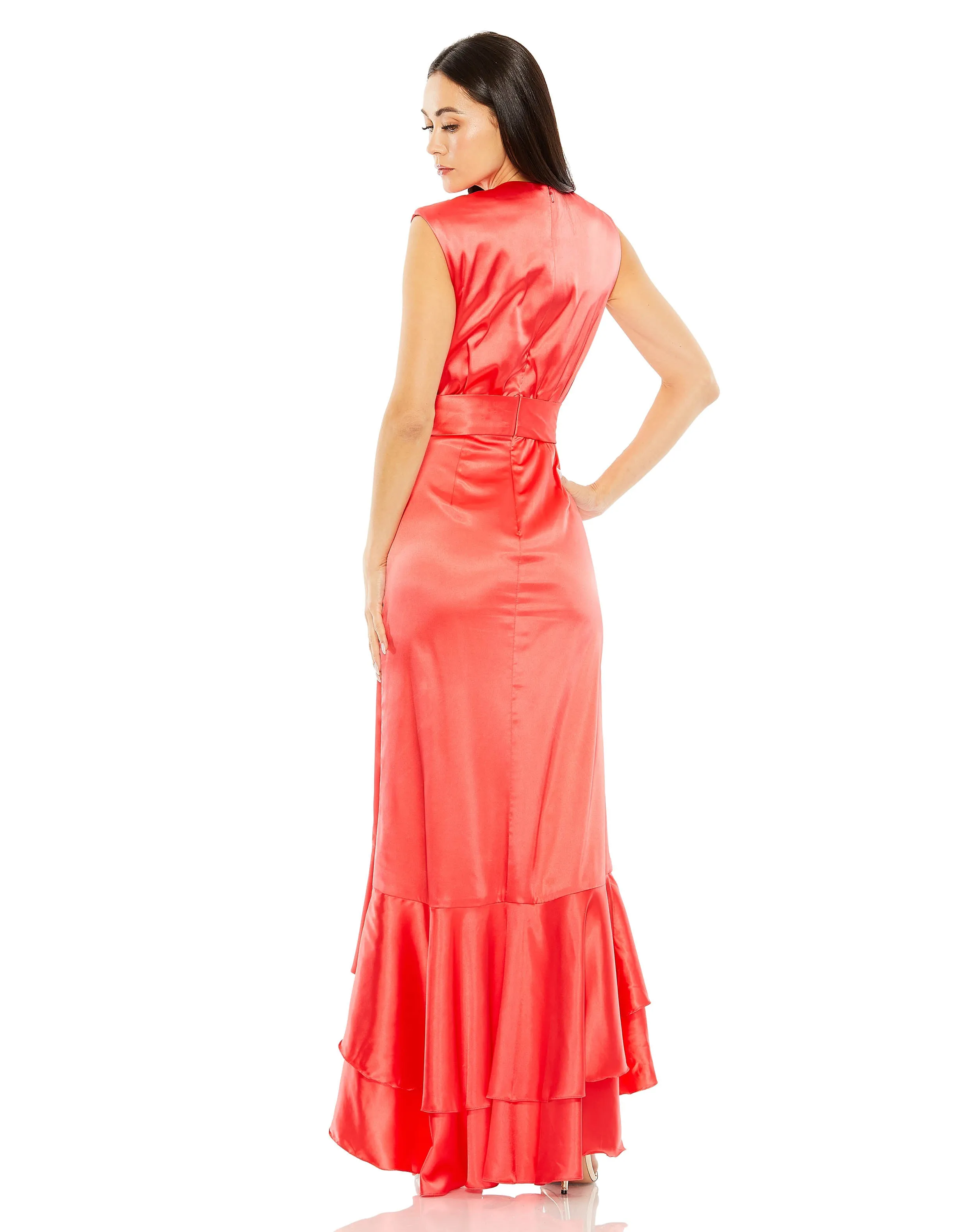 Cap Sleeve V Neck Satin High Low Gown | Sample | Sz. 2