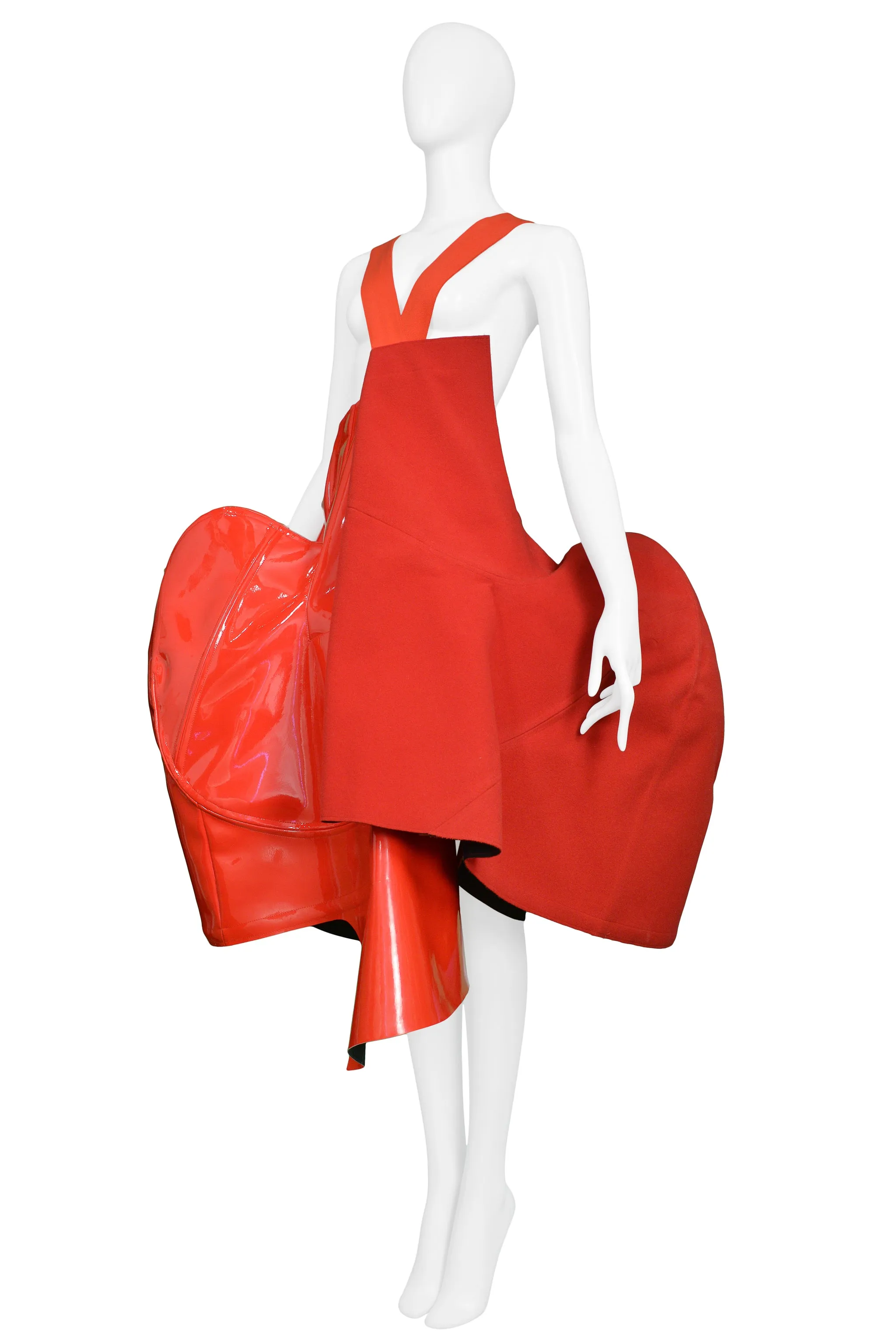 COMME DES GARCONS RED WOOL & VINYL STRUCTURED APRON DRESS BLOOD AND ROSES 2015