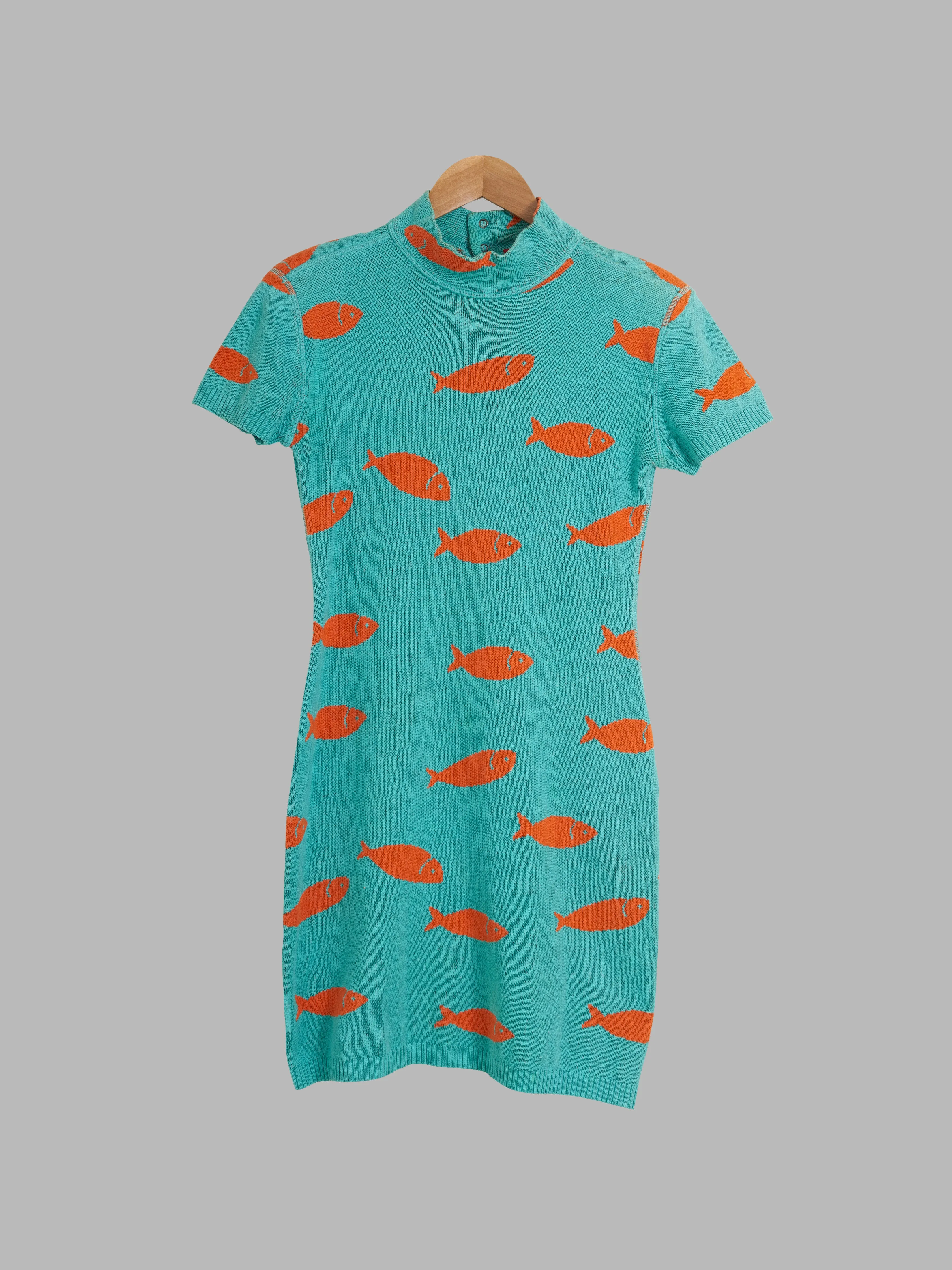 Dorothee Bis blue knit goldfish pattern mock neck short sleeve dress