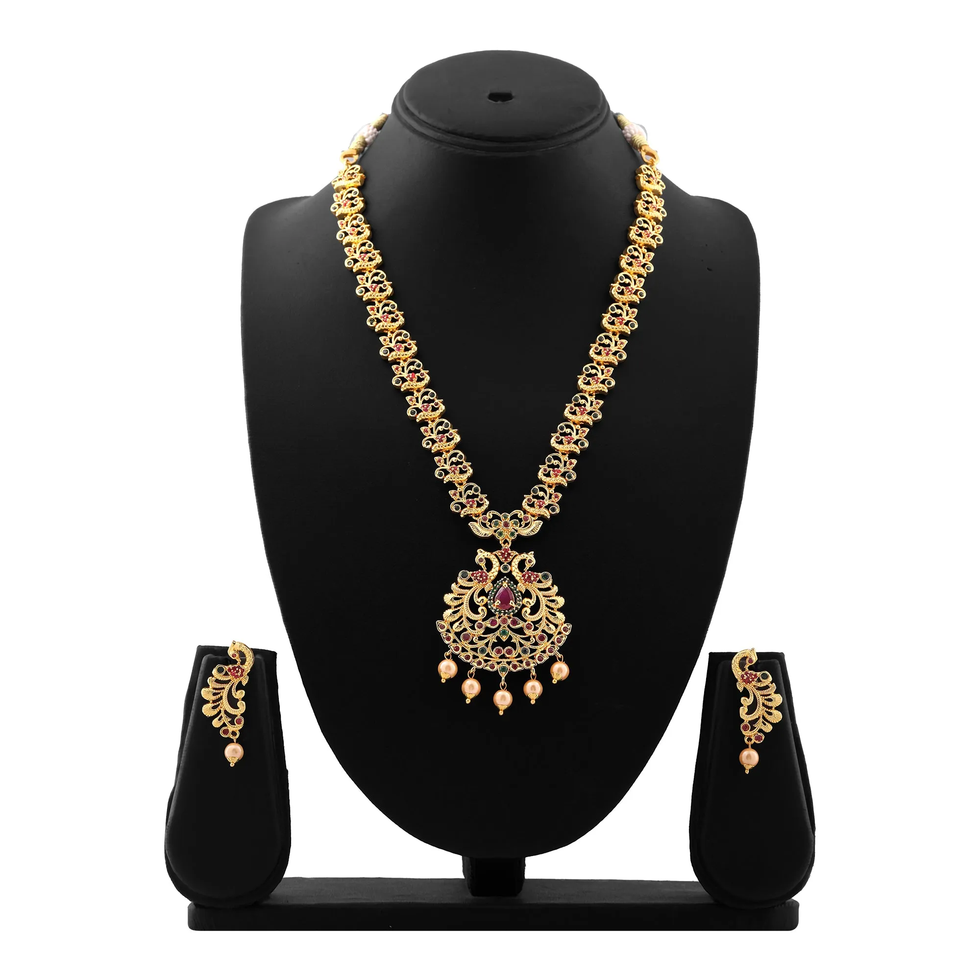 Estele Gold Plated CZ Beautiful Peacock Designer Bridal Necklace Set for Women