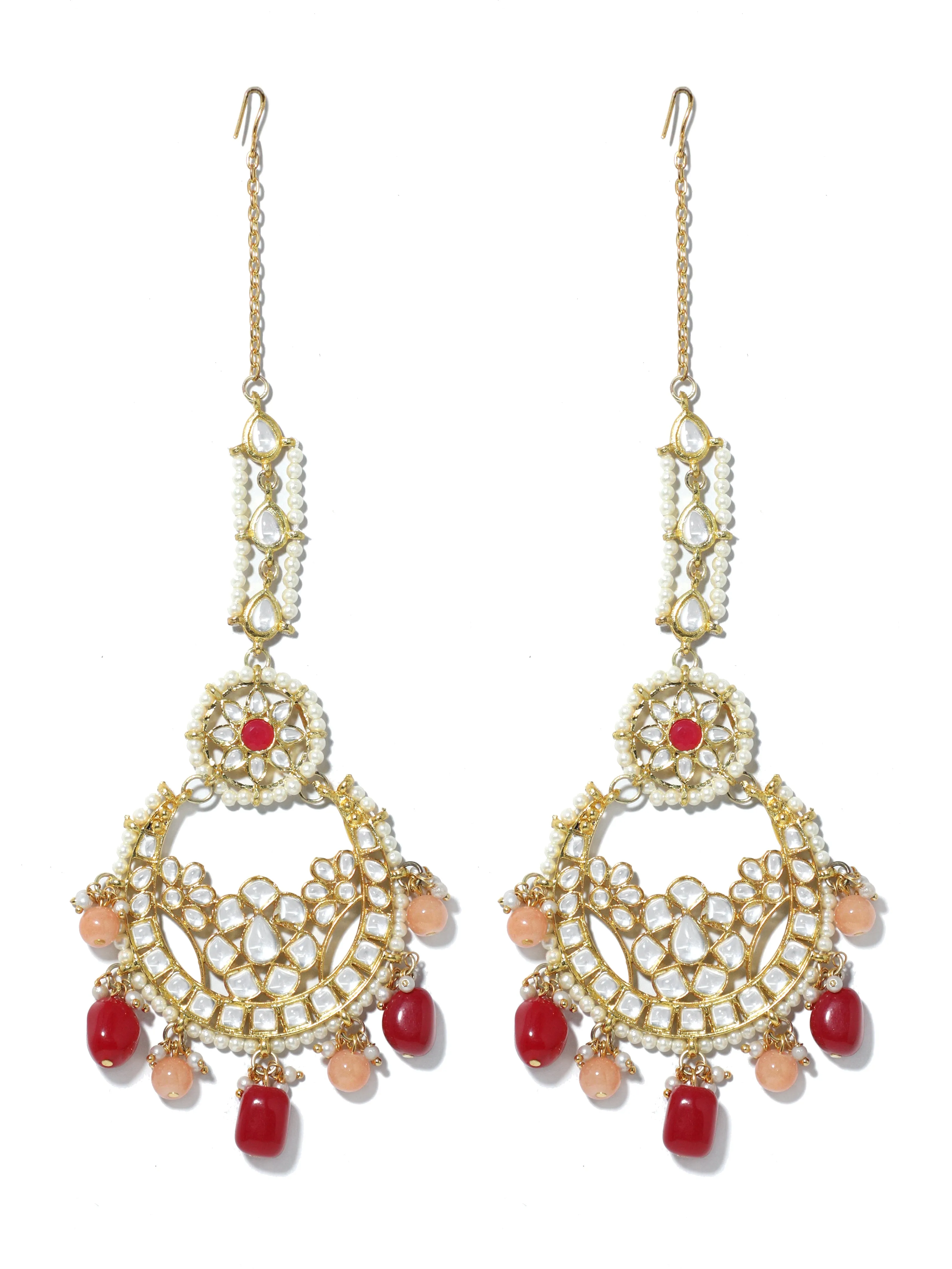 Gold Plated Ruby and Peach Beads Kundan Chandbali Earring with Maangtikka