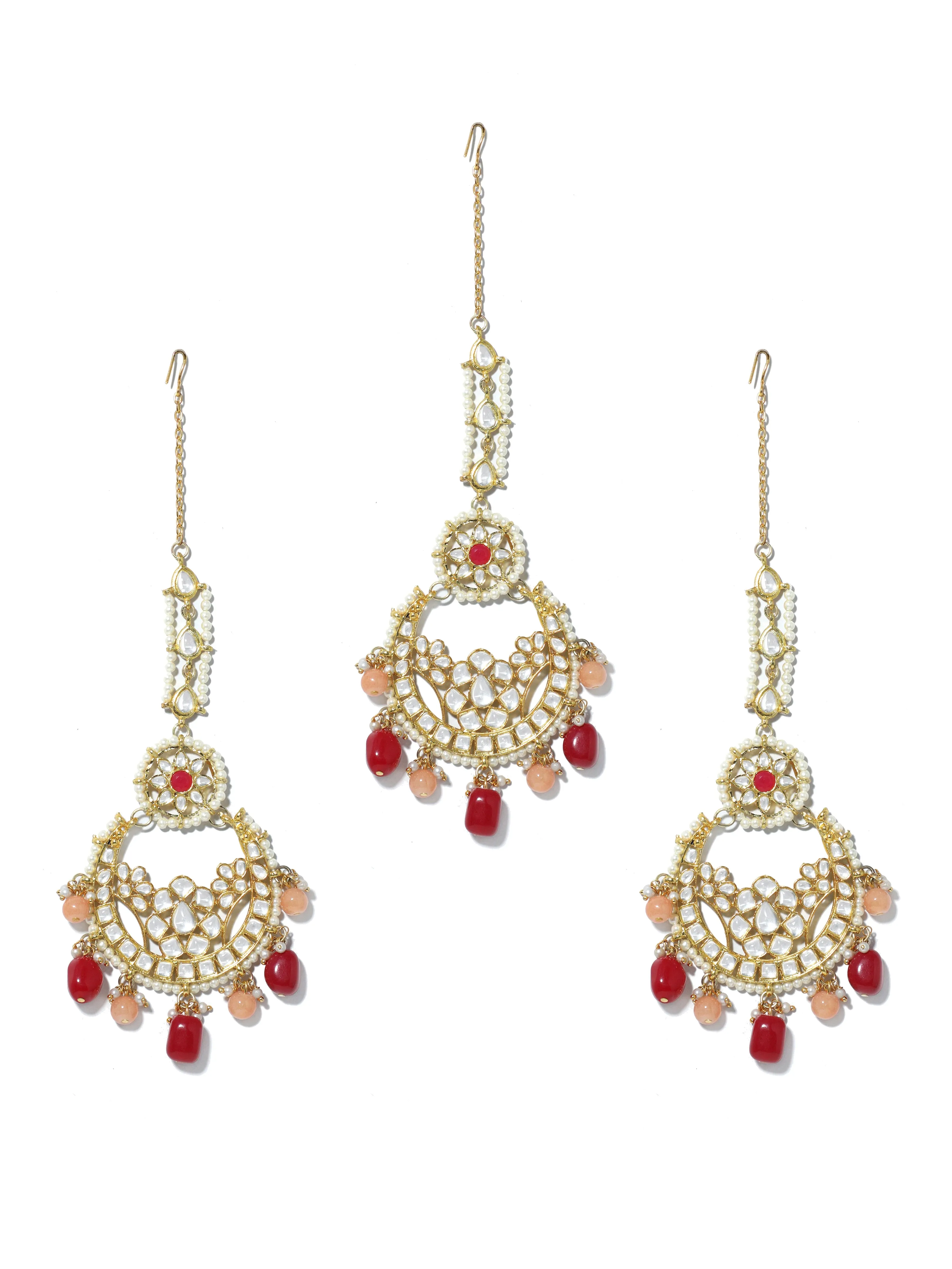 Gold Plated Ruby and Peach Beads Kundan Chandbali Earring with Maangtikka