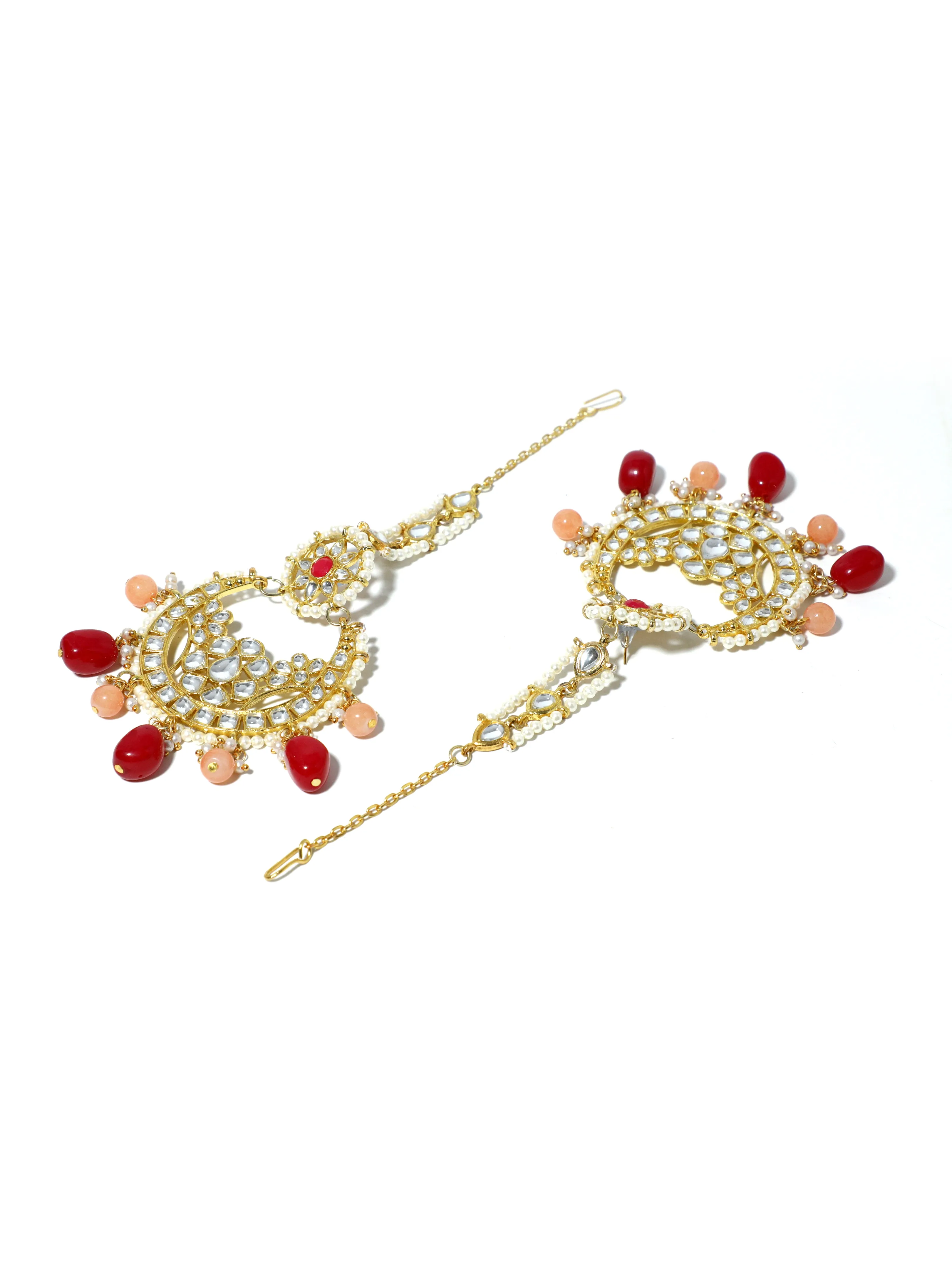 Gold Plated Ruby and Peach Beads Kundan Chandbali Earring with Maangtikka