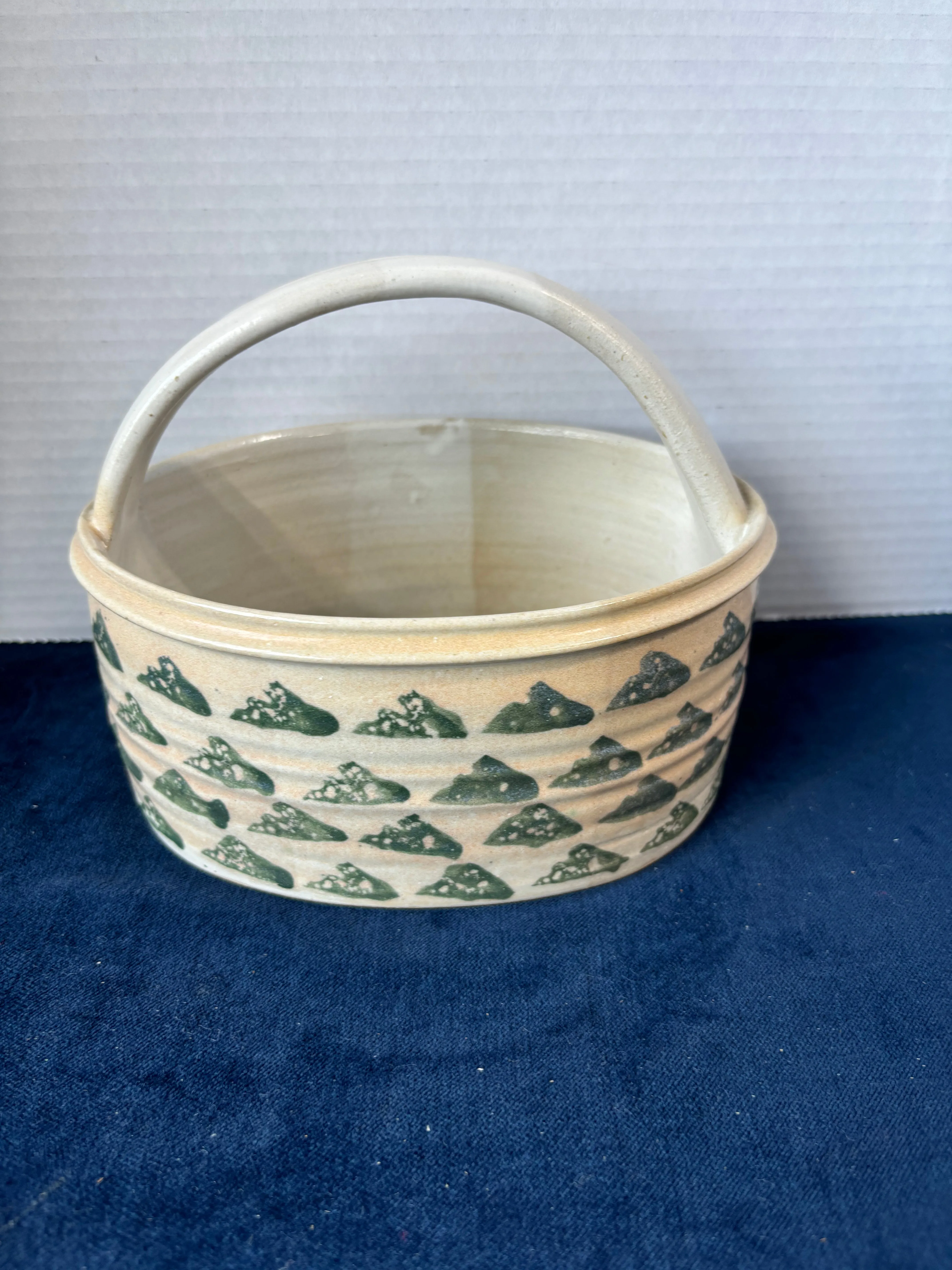 Hand Made Green/Tan/White Pottery Basket