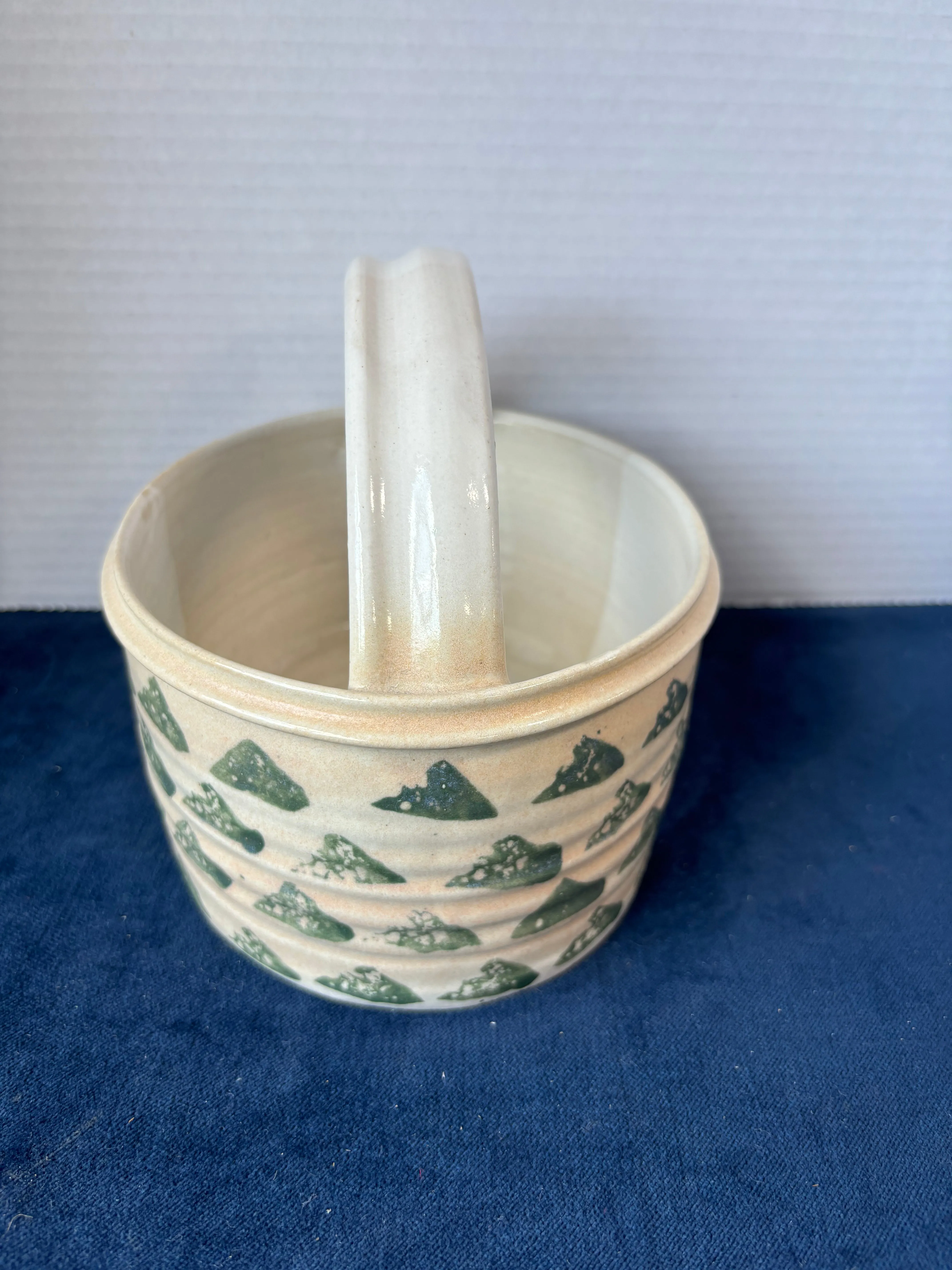 Hand Made Green/Tan/White Pottery Basket