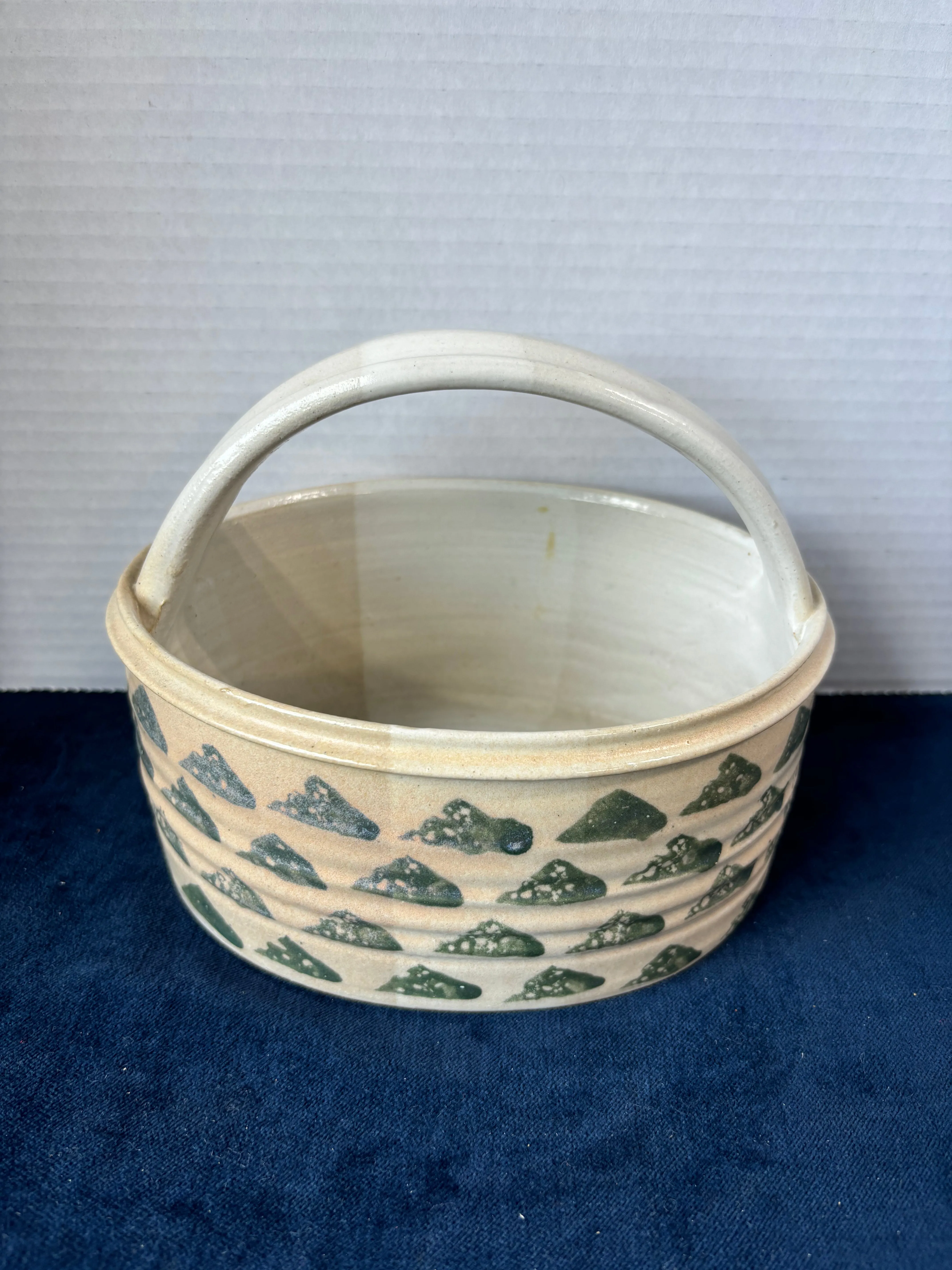 Hand Made Green/Tan/White Pottery Basket