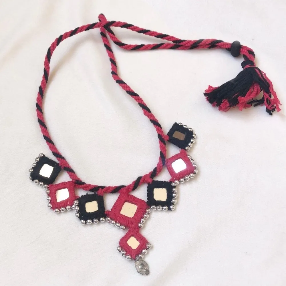 Handcrafted Mirror Work Necklace - Magenta & Black