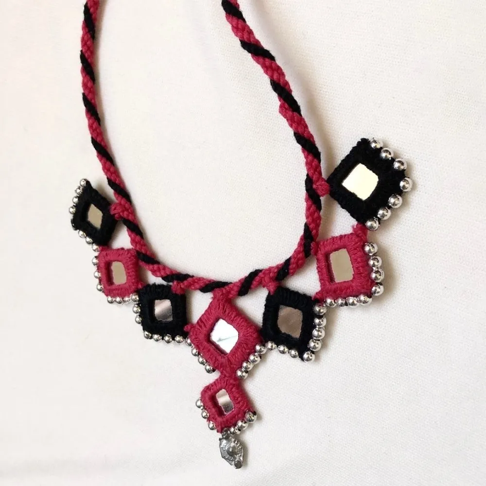 Handcrafted Mirror Work Necklace - Magenta & Black