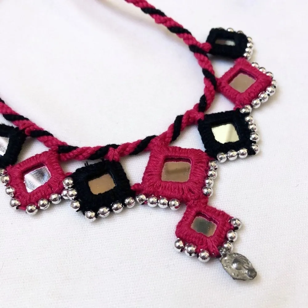 Handcrafted Mirror Work Necklace - Magenta & Black