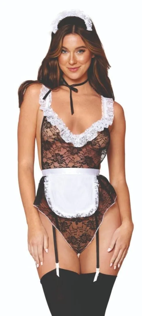 Lace Maid Teddy Costume with High-Cut Flutter Leg