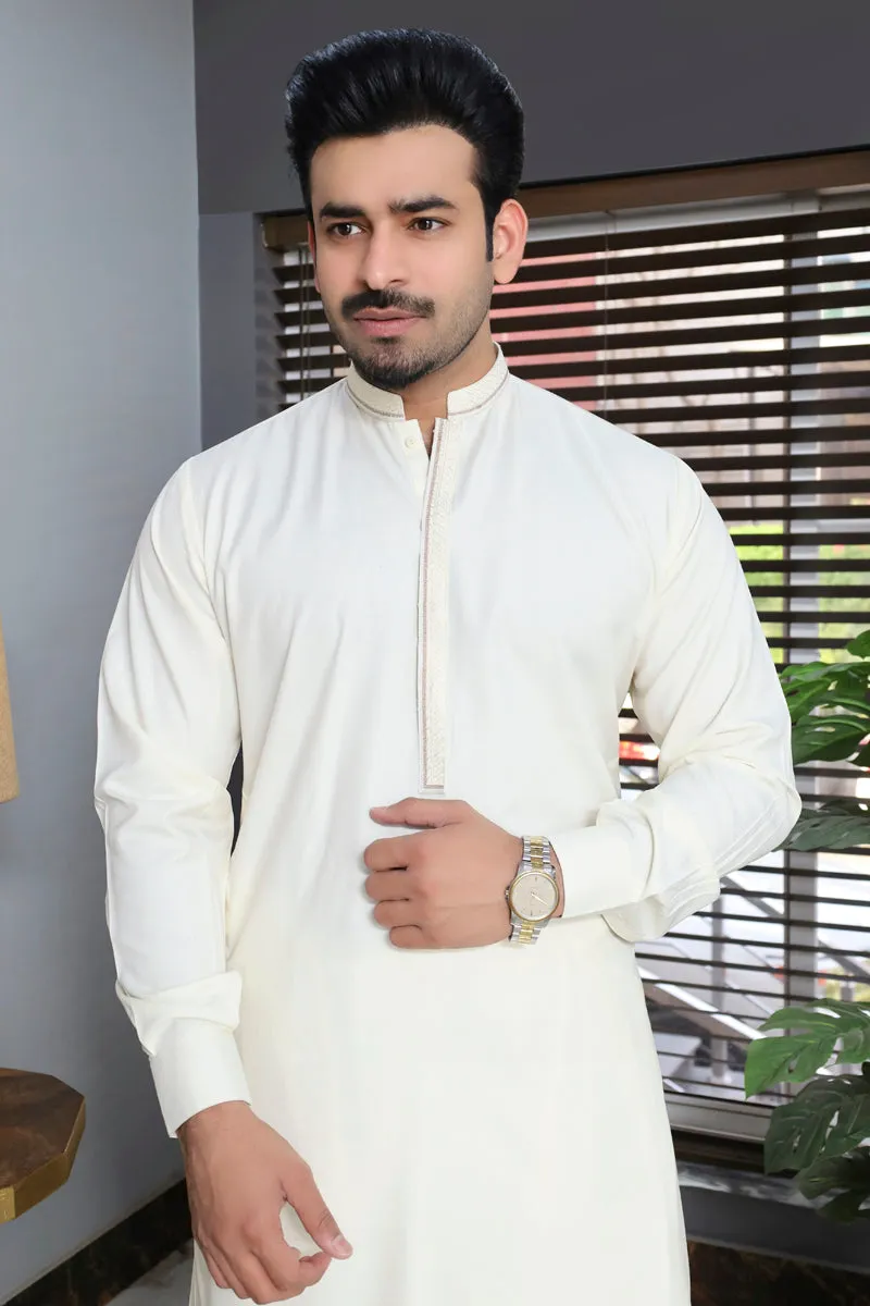 Men Blended Wash-n-Wear Kameez Shalwar Cream