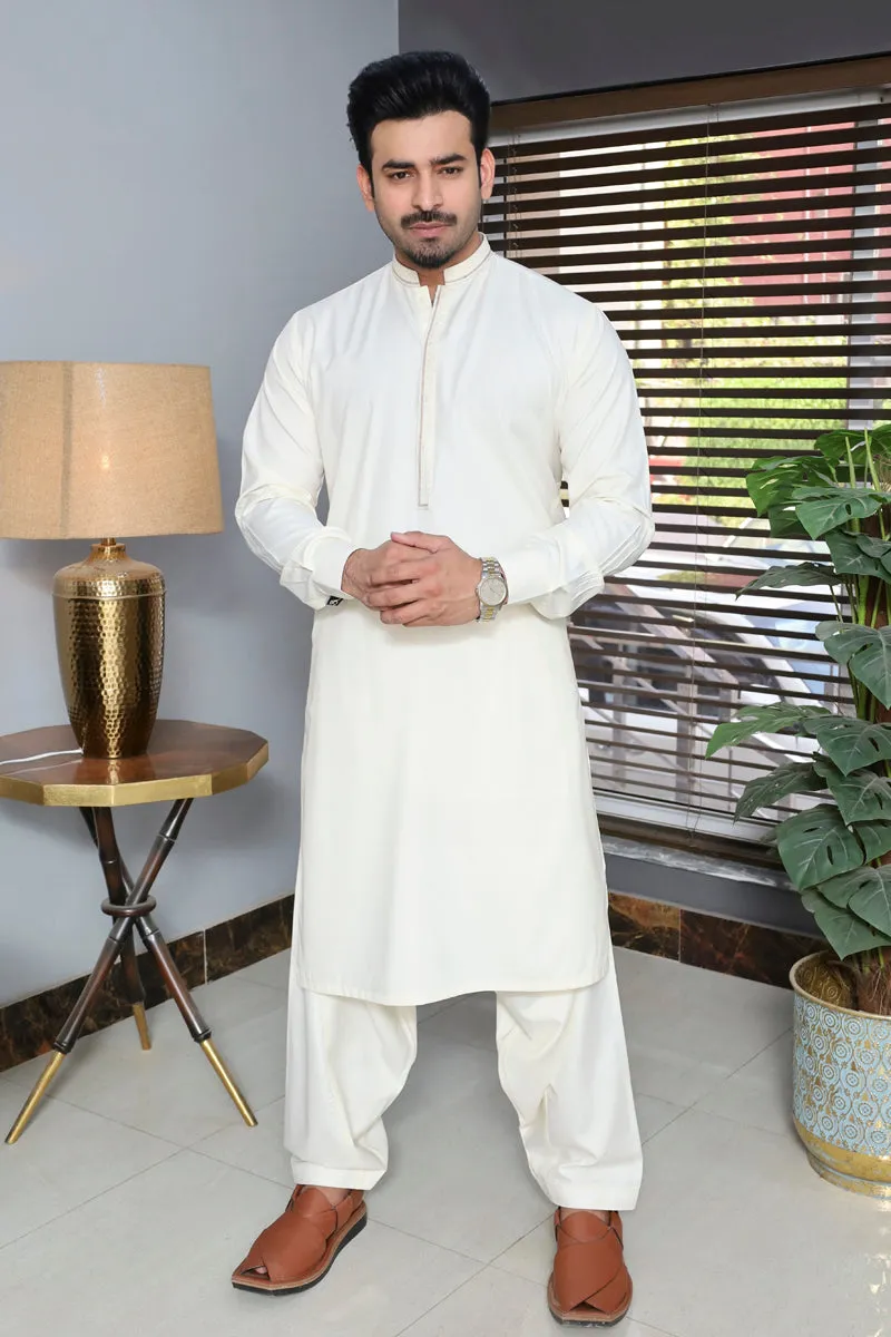 Men Blended Wash-n-Wear Kameez Shalwar Cream