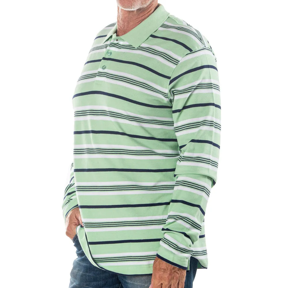 Men's Long Sleeve Green Striped Cotton Traders Polo Shirt