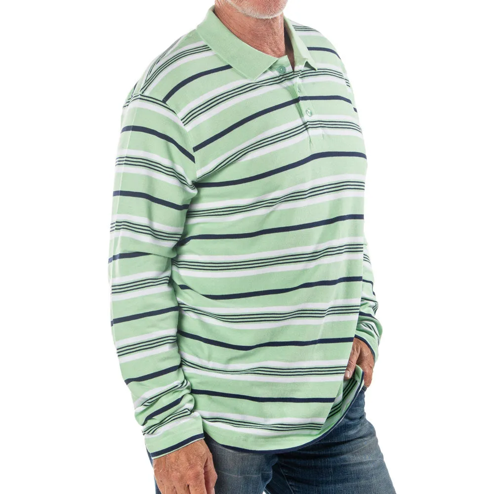 Men's Long Sleeve Green Striped Cotton Traders Polo Shirt