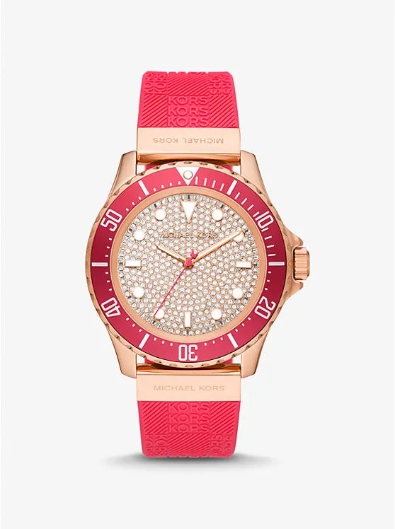 Michael Kors Women Oversized Slim Everest Pavé Rose-Gold Tone and Embossed Silicone Watch MK7359