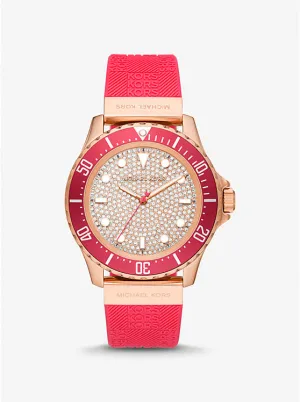 Michael Kors Women Oversized Slim Everest Pavé Rose-Gold Tone and Embossed Silicone Watch MK7359