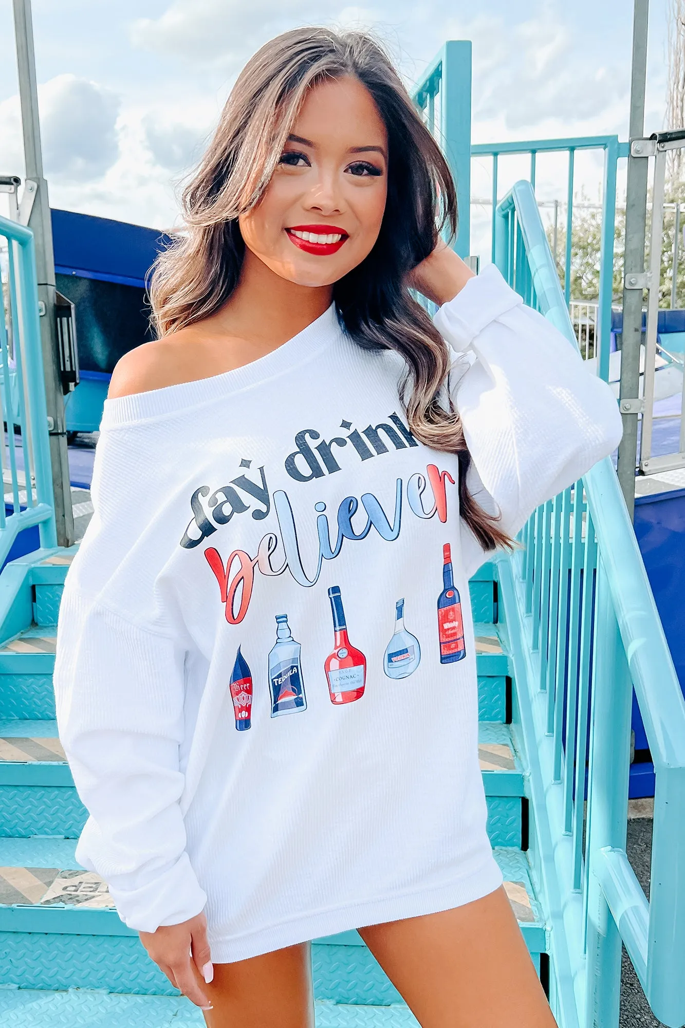 "Day Drink Believer" Corded Graphic Crewneck (White) - Print On Demand