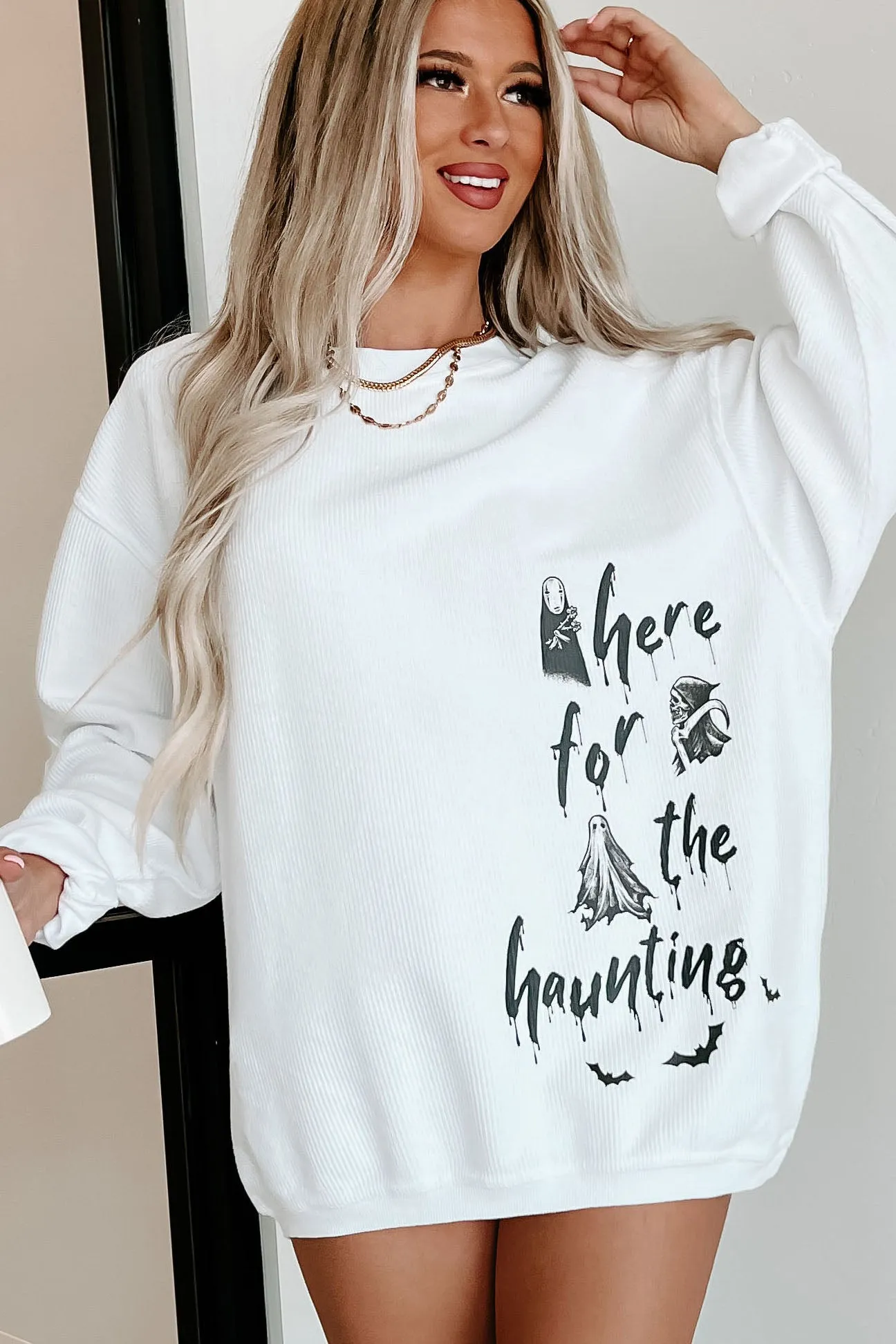 "Here For The Haunting" Corded Graphic Crewneck (White) - Print On Demand