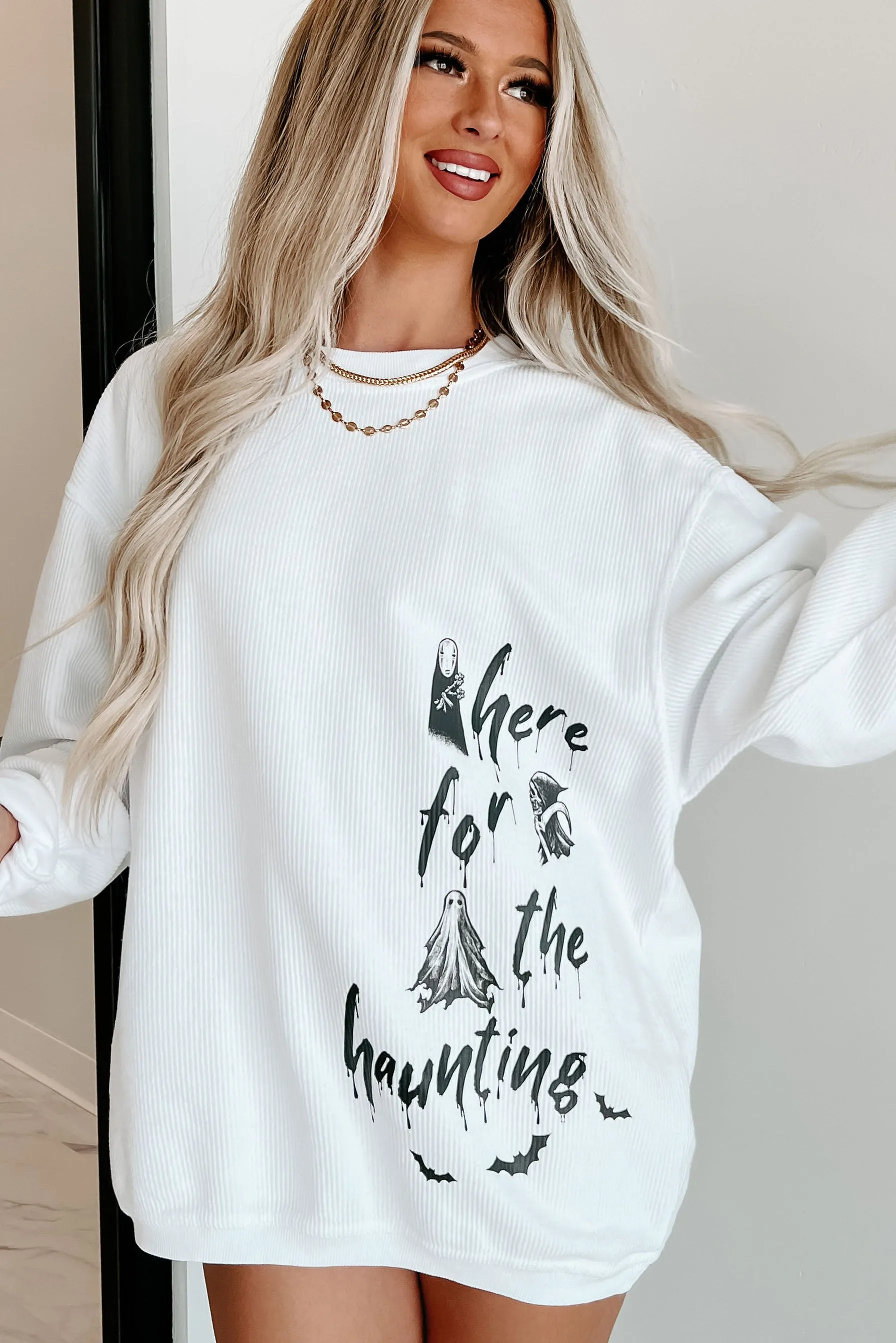 "Here For The Haunting" Corded Graphic Crewneck (White) - Print On Demand