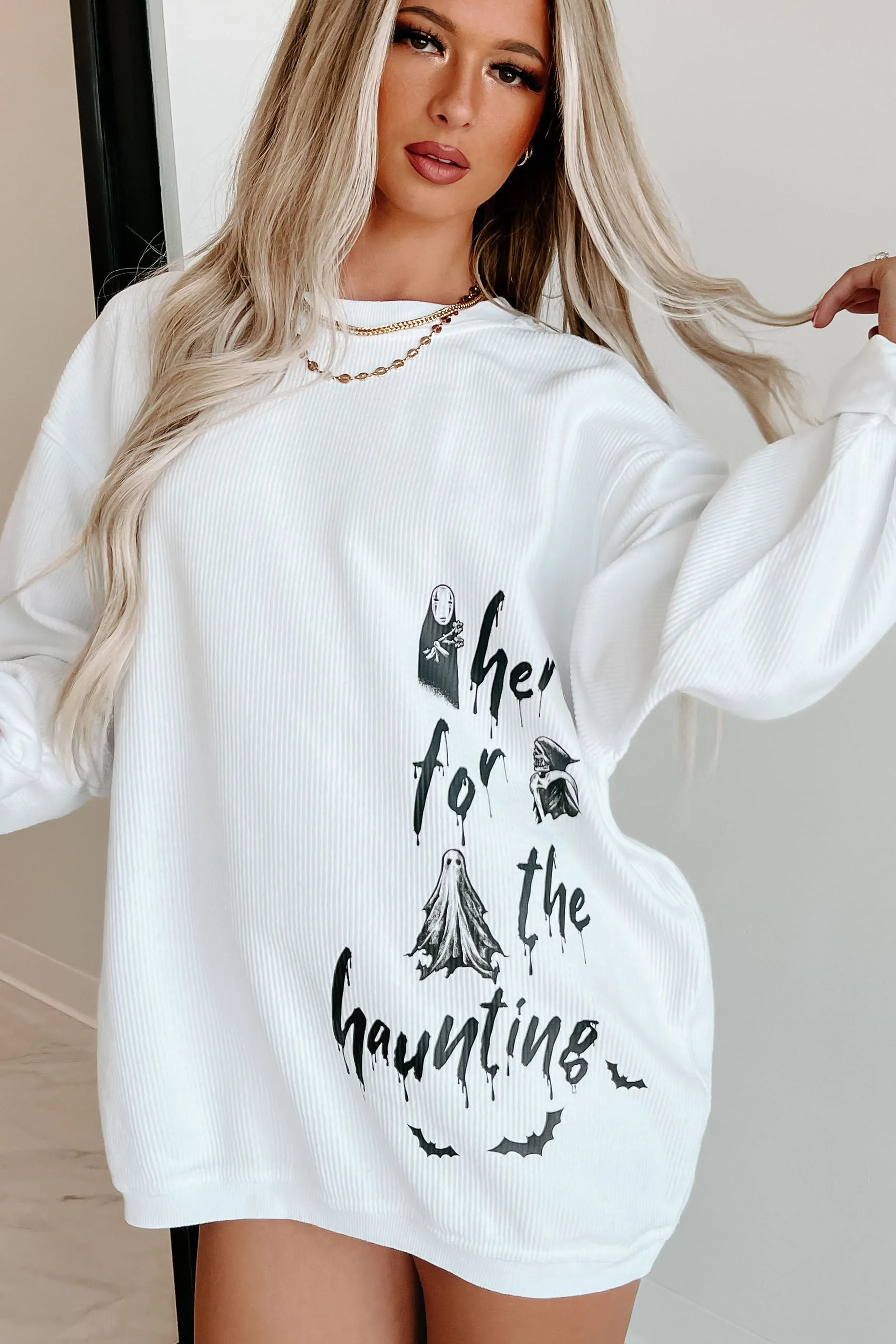 "Here For The Haunting" Corded Graphic Crewneck (White) - Print On Demand