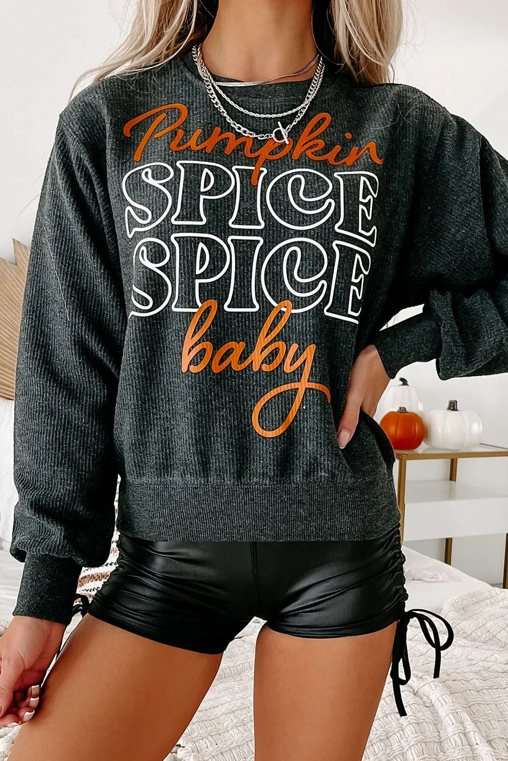 "Pumpkin Spice, Spice Baby" Corded Graphic Sweatshirt (Charcoal) - Print On Demand