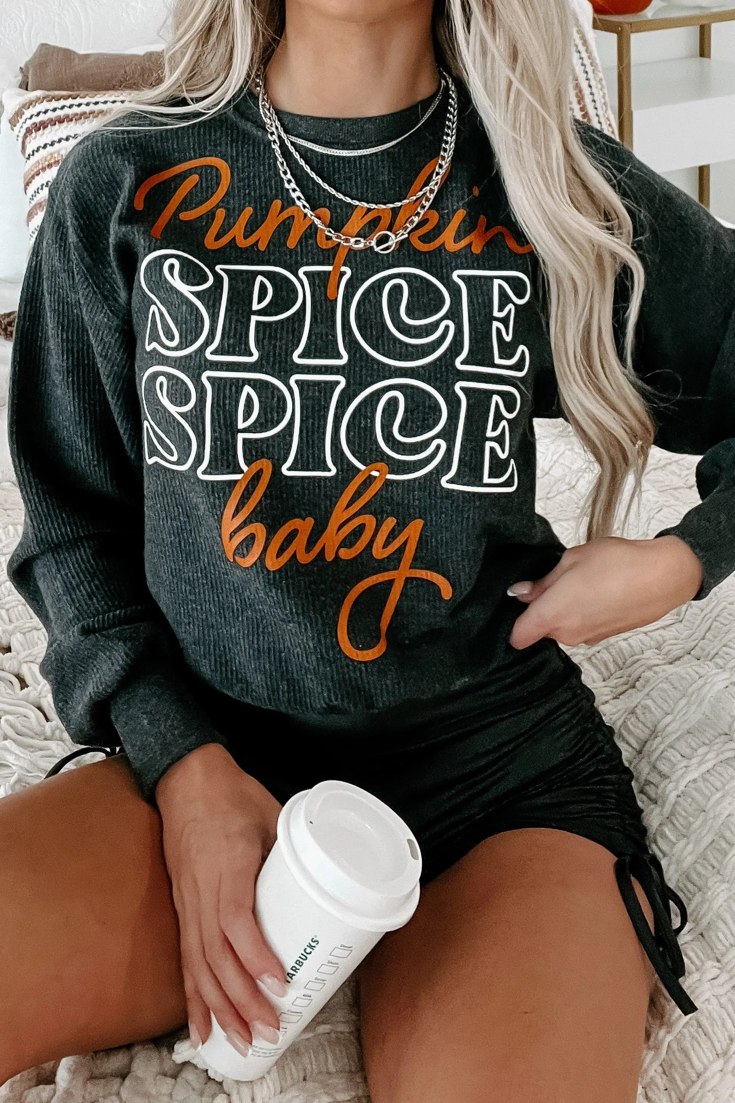 "Pumpkin Spice, Spice Baby" Corded Graphic Sweatshirt (Charcoal) - Print On Demand