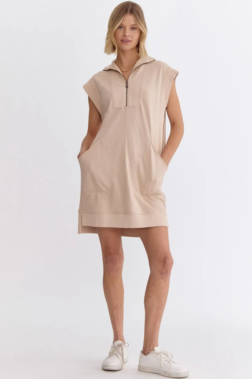 Solid Mock-Neck Sleeveless Mini Dress