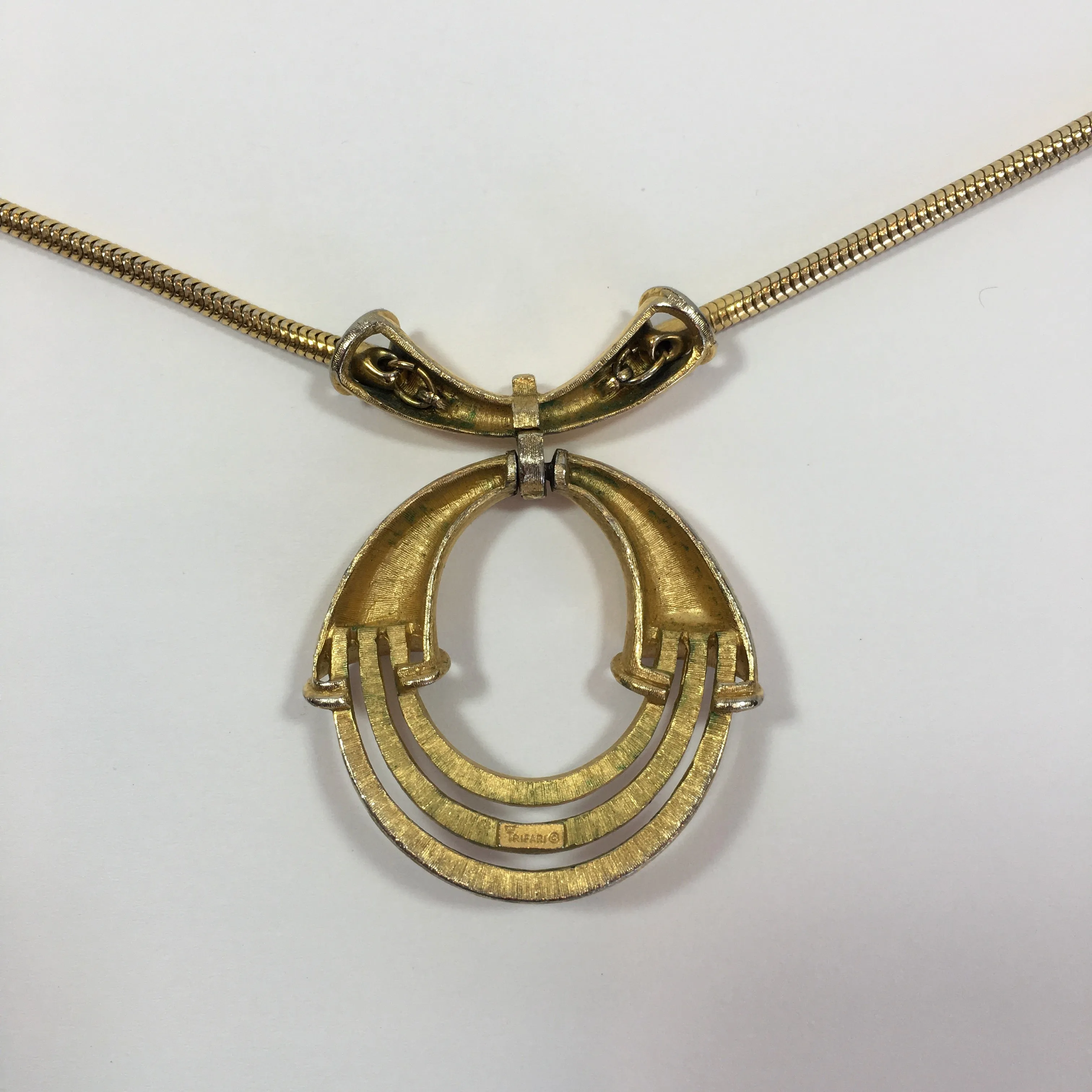 Trifari Circular Design Gold Tone Necklace with Round Snake Chain