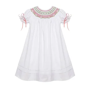 White Classic Smocked Christmas Bishop Dress with Ribbons