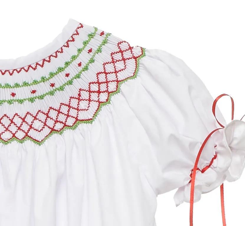 White Classic Smocked Christmas Bishop Dress with Ribbons