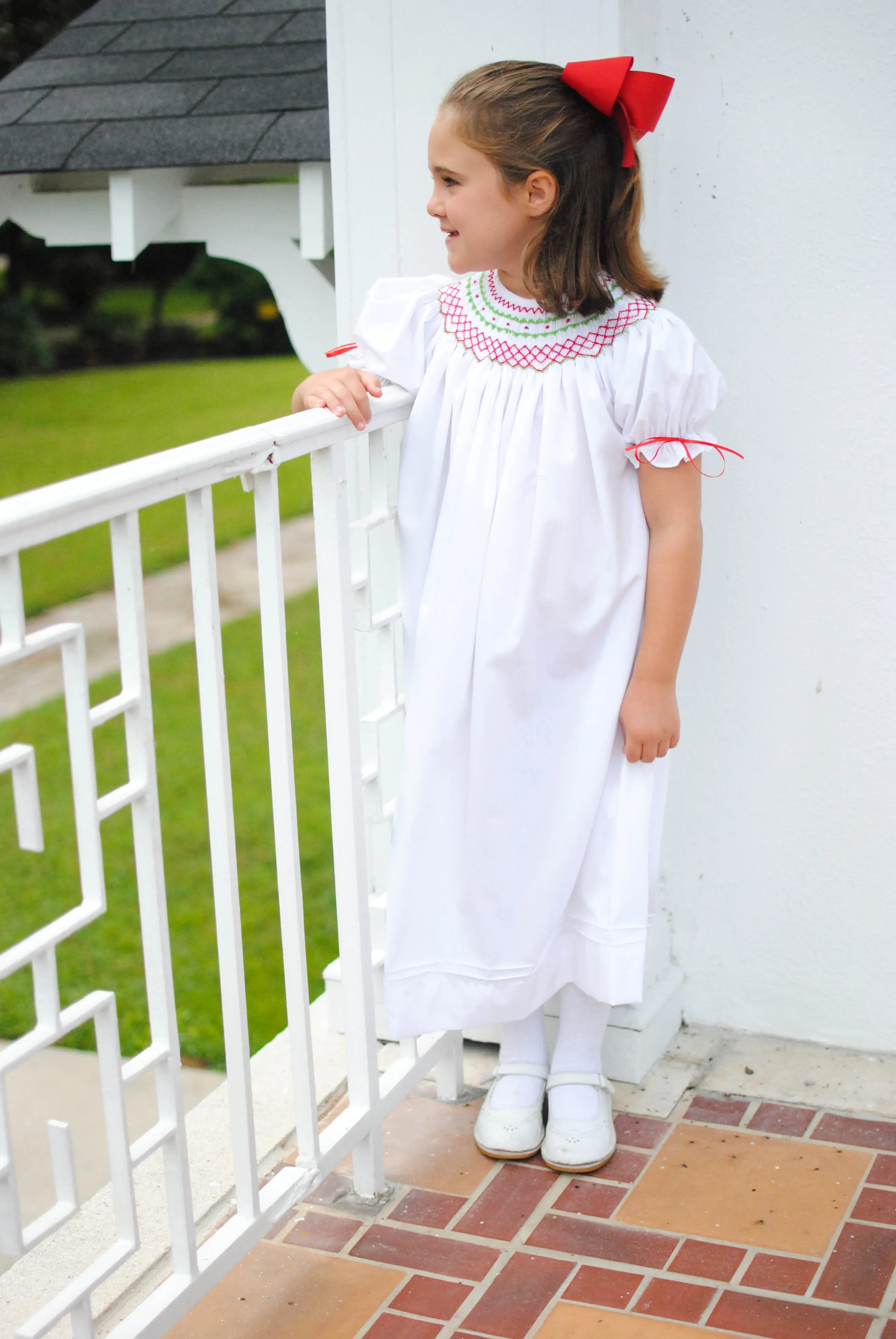 White Classic Smocked Christmas Bishop Dress with Ribbons