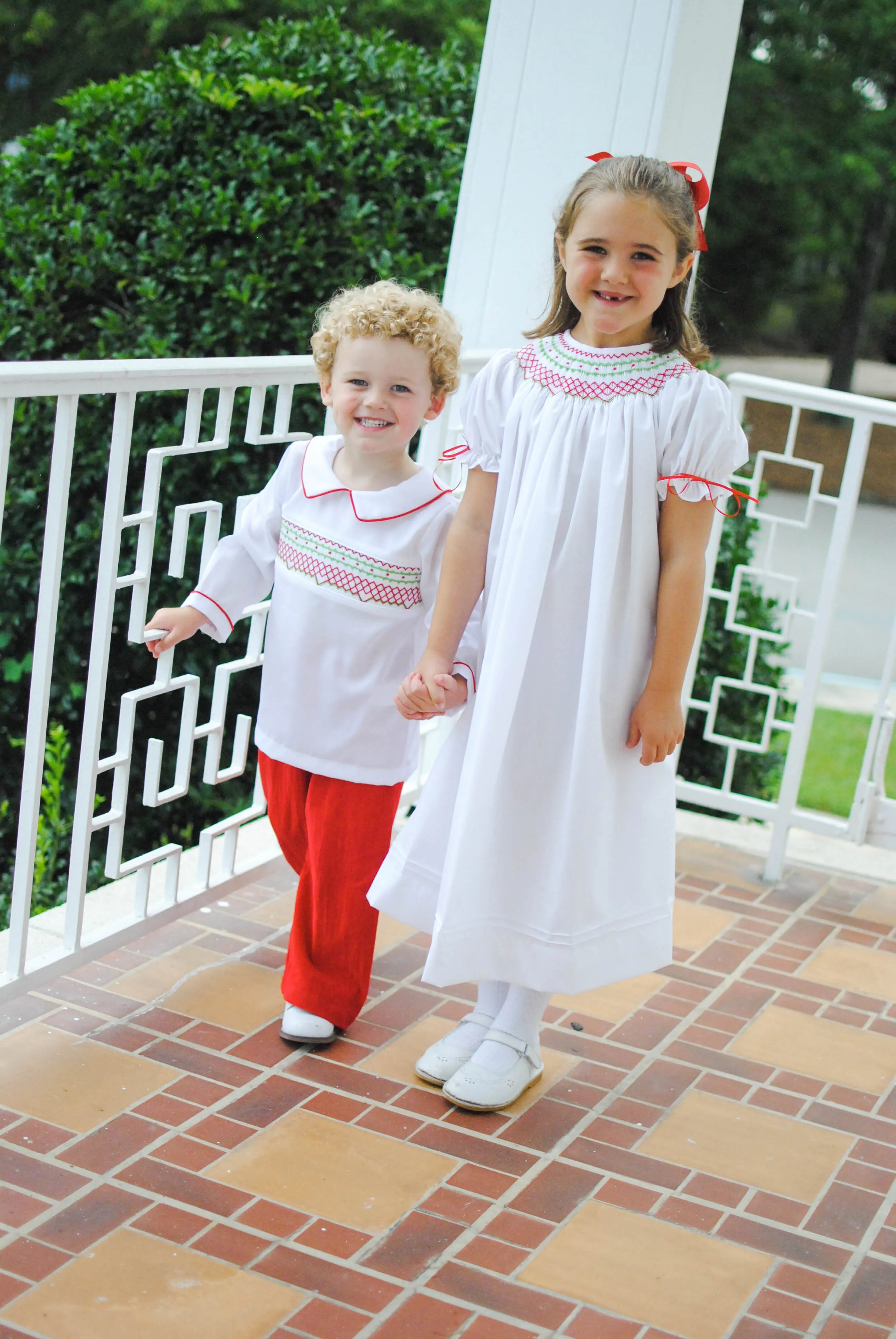 White Classic Smocked Christmas Bishop Dress with Ribbons